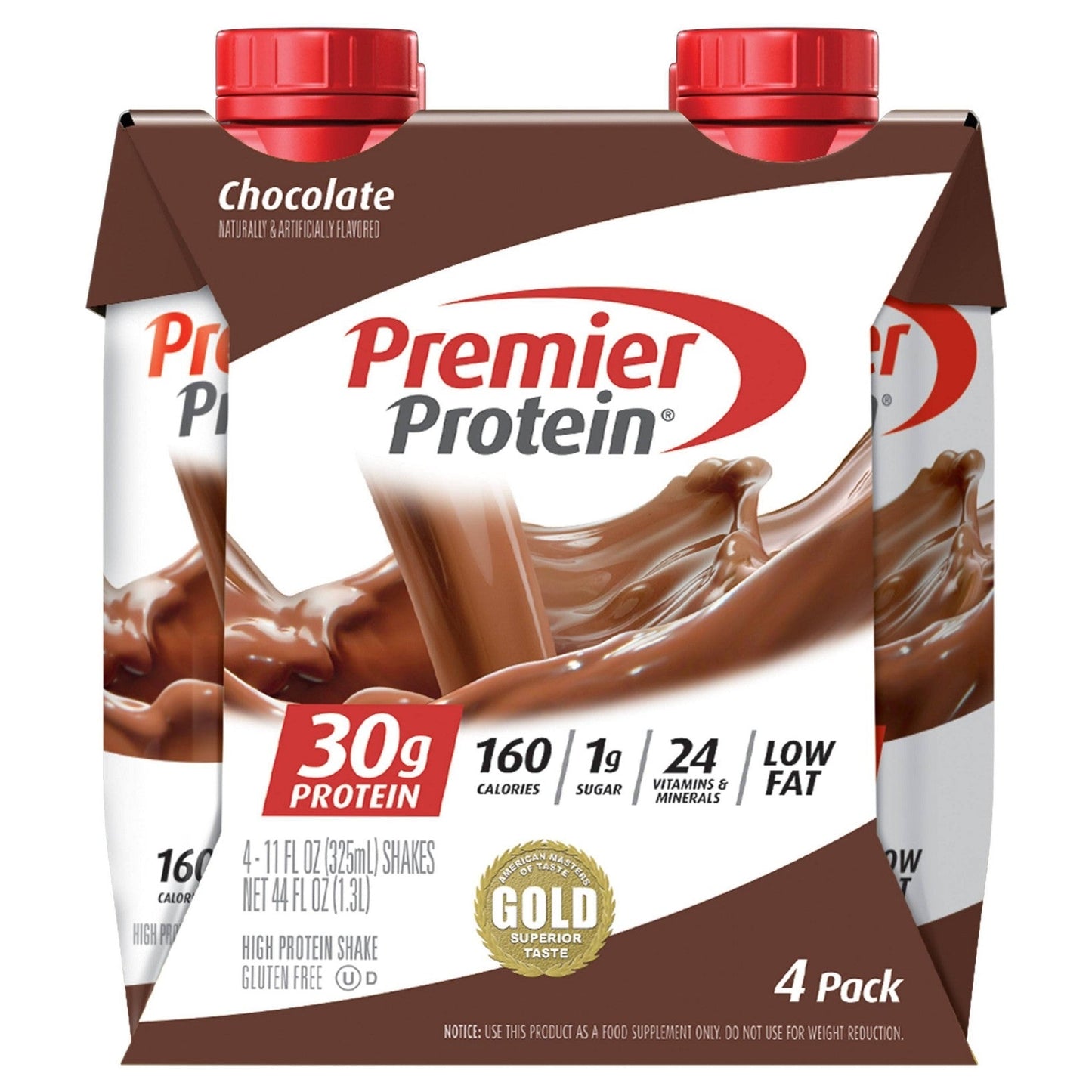 Four Premier Protein high protein shakes in chocolate flavor, in sleek bottles, for fitness and nutrition.