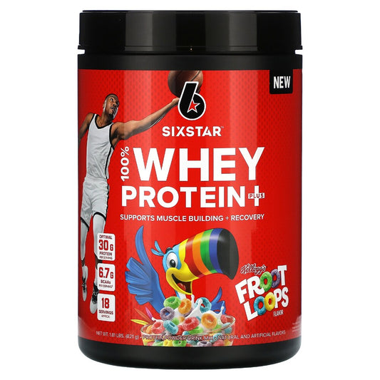 Six Star Whey Protein Powder Plus container for fitness and nutrition, featuring a muscular athlete on the label.