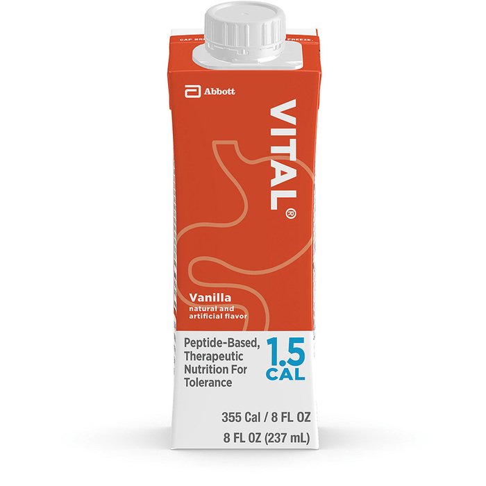 VITAL 1.5 CAL peptide-based complete therapeutic liquid nutrition in 24 reclosable cartons, ideal for institutional use, by Pasteur Pharmacy.