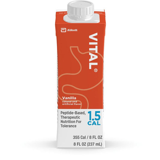 VITAL 1.5 CAL peptide-based complete therapeutic liquid nutrition in 24 reclosable cartons, ideal for institutional use, by Pasteur Pharmacy.