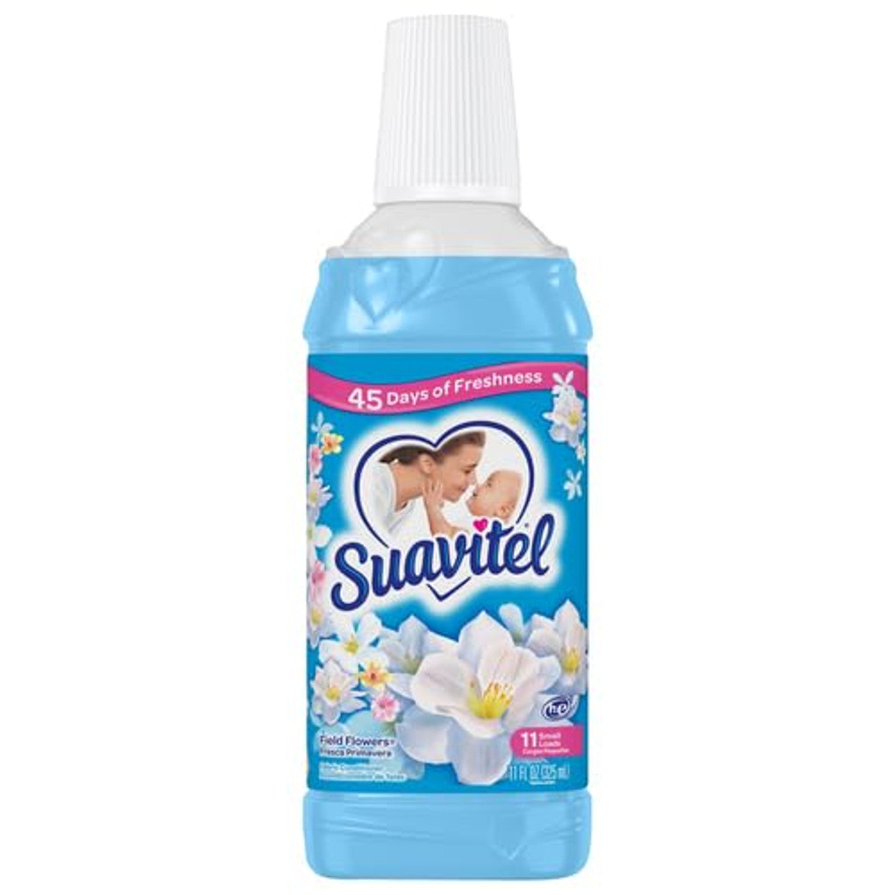 Suavitel Fabric Softener in Field Flowers scent, 11 oz bottle, shown with floral design, part of a 12-pack collection.