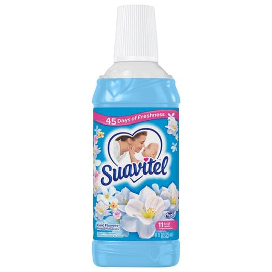 Suavitel Fabric Softener in Field Flowers scent, 11 oz bottle, shown with floral design, part of a 12-pack collection.
