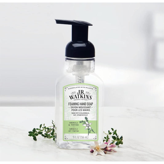 J.R. Watkins Neroli & Thyme Foaming Hand Soap in a 9 oz bottle, natural ingredients, with a pump dispenser.