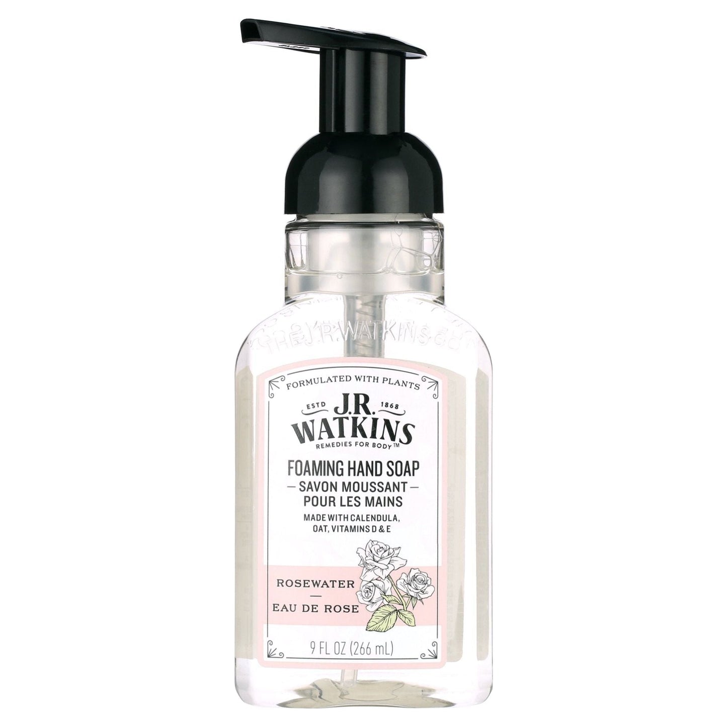 J.R. Watkins Rosewater Foaming Hand Soap in a 9 oz bottle, natural floral scent, with pump dispenser and label showing rosewater branding.