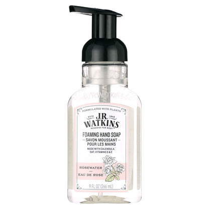 J.R. Watkins Rosewater Foaming Hand Soap in a 9 oz bottle, natural floral scent, with pump dispenser and label showing rosewater branding.