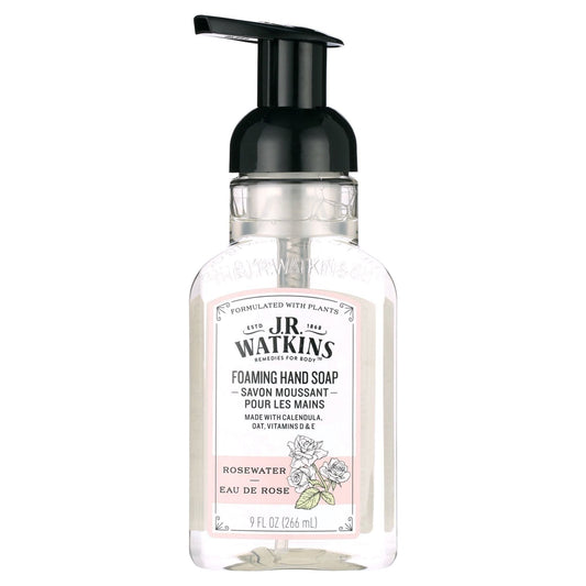J.R. Watkins Rosewater Foaming Hand Soap in a 9 oz bottle, natural floral scent, with pump dispenser and label showing rosewater branding.