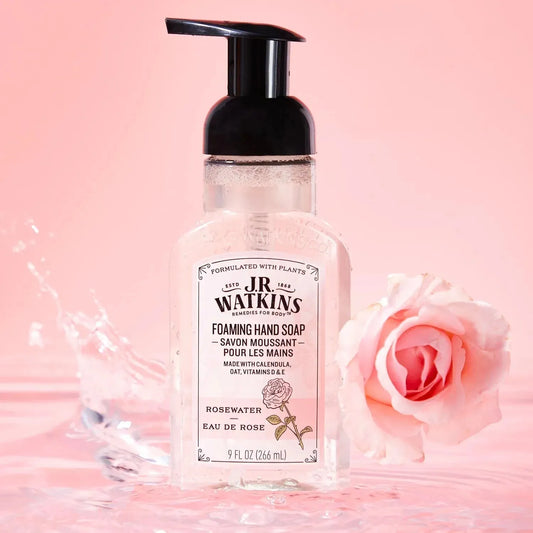 J.R. Watkins Rosewater Foaming Hand Soap in 9 oz bottle, with rosewater scent and pump dispenser for gentle hand cleansing.