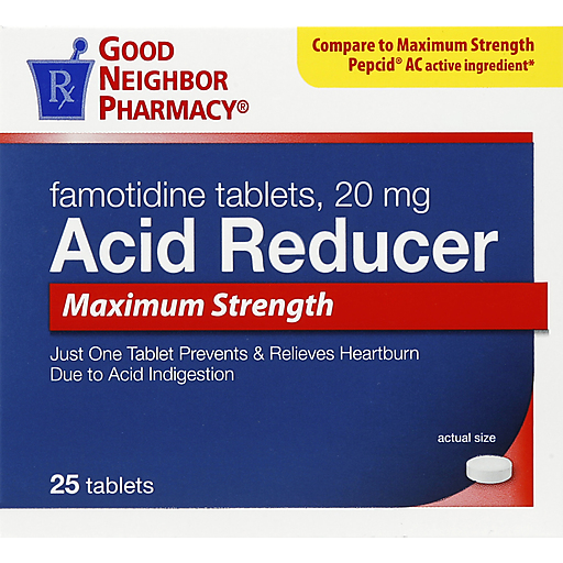 Folder tabs for medication packaging, GNP Acid Reducer 20 mg, maximum strength, 25 tabs, by Pasteur Pharmacy.
