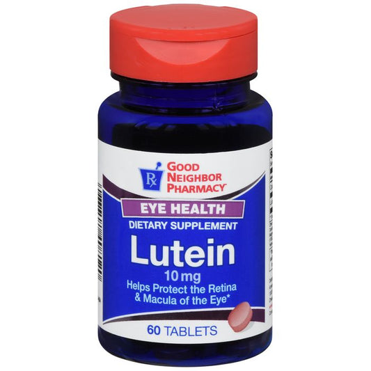 Folder tabs for Good Neighbor Pharmacy Lutein 10mg Tablets, 60 count, by Pasteur Pharmacy, showing organized tab labels.