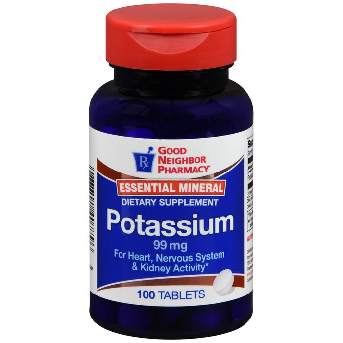 Folder tabs for pharmacy products, featuring Good Neighbor Pharmacy Potassium 99mg Tablets 100 count by Pasteur Pharmacy.