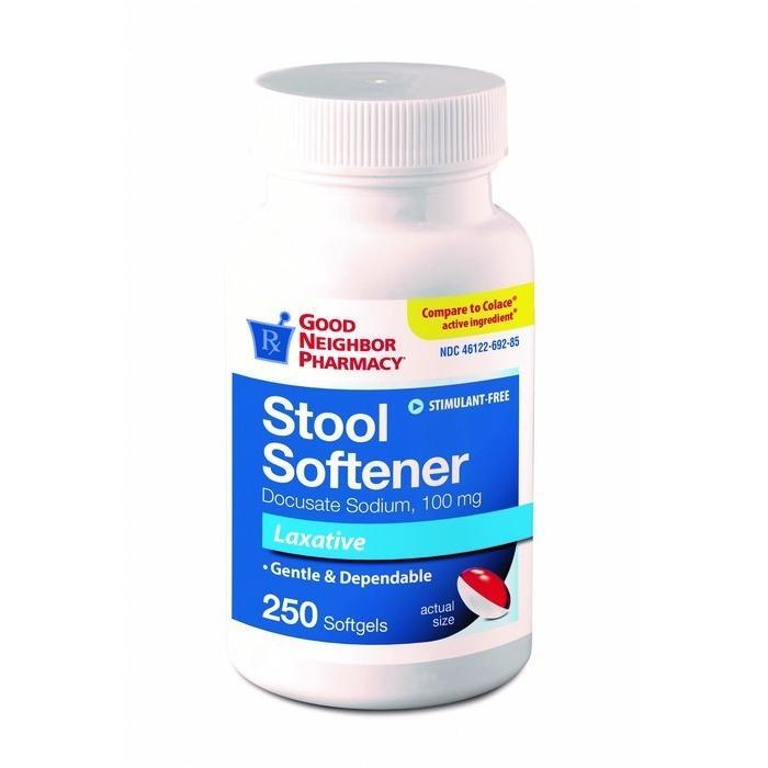 Good Neighbor Pharmacy Stool Softener Laxative Softgels in a bottle, 250 count, for gentle bowel relief.