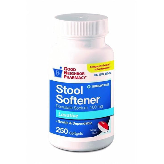 Good Neighbor Pharmacy Stool Softener Laxative Softgels in a bottle, 250 count, for gentle bowel relief.