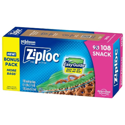 Ziploc Snack Bags by Pasteur Pharmacy, food storage bags, 12x50 size, clear plastic with resealable closure for snacks and small items.