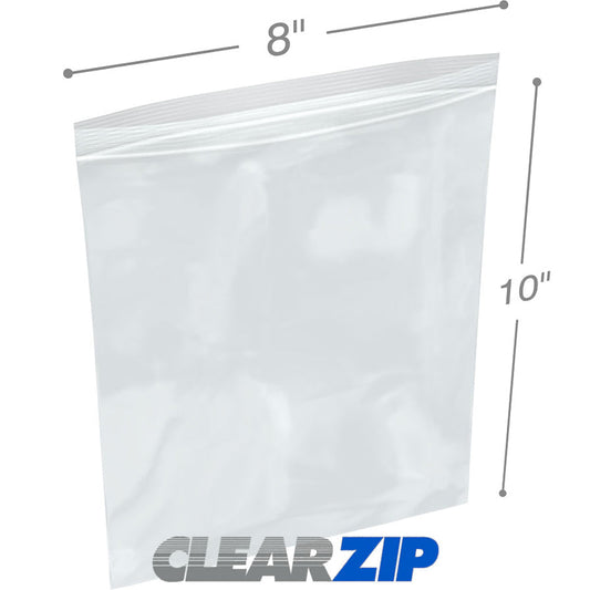 Clear 2 mil zip lock bags for food storage, 8x10 inch size, from Pasteur Pharmacy, shown stacked in a box with multiple bags.