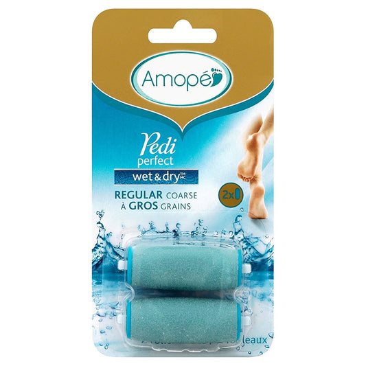 Amope Pedi Perfect electronic foot file wet and dry refills, 2-count, for foot care, with a close-up of the refill attachments.