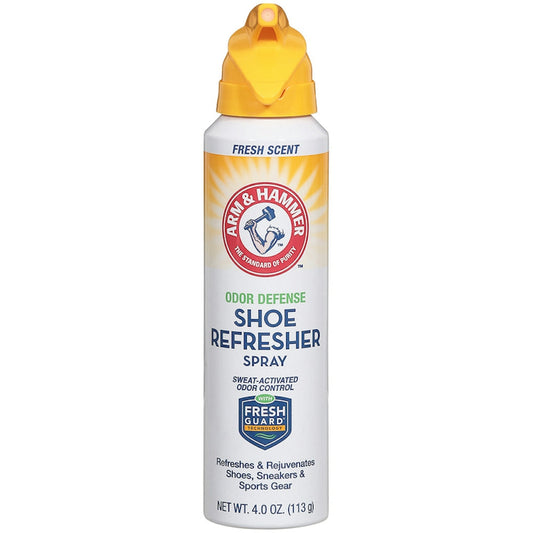 Arm & Hammer Odor Defense Shoe Refresher Spray in 4 oz bottle, foot care product with spray nozzle and freshening formula.