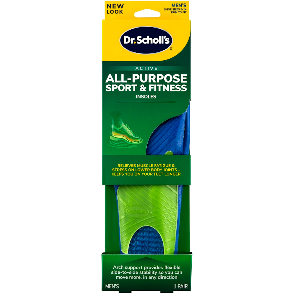 Dr. Scholl's Active Men's Sport & Fitness Insoles in shoe size 8-14, designed for all-purpose foot support and comfort.