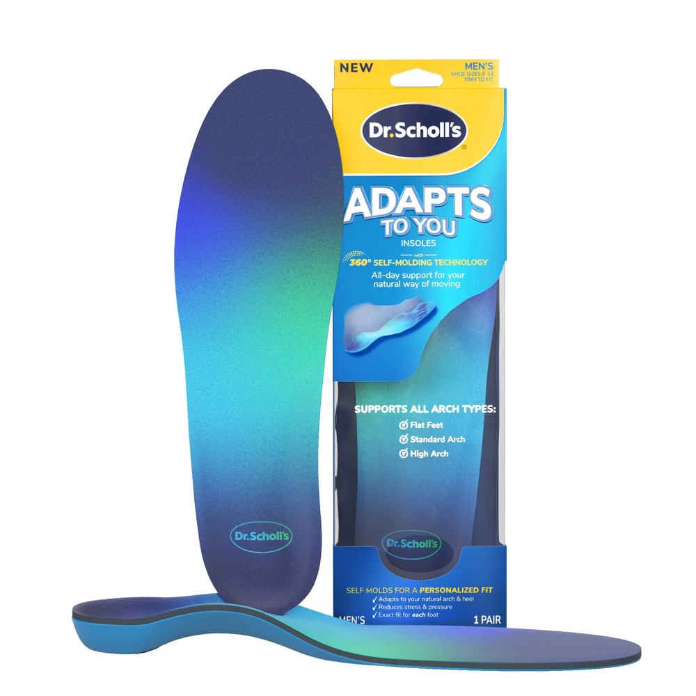 Dr. Scholl's Adapt To You men's custom molding insoles for foot care, shown in the image with their molding material and design.