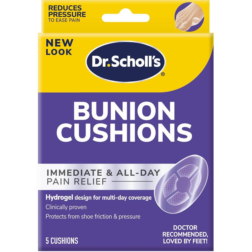 Dr. Scholl's Bunion Cushions for foot care, shown on a white background, designed to provide comfort and relief for bunion pain.