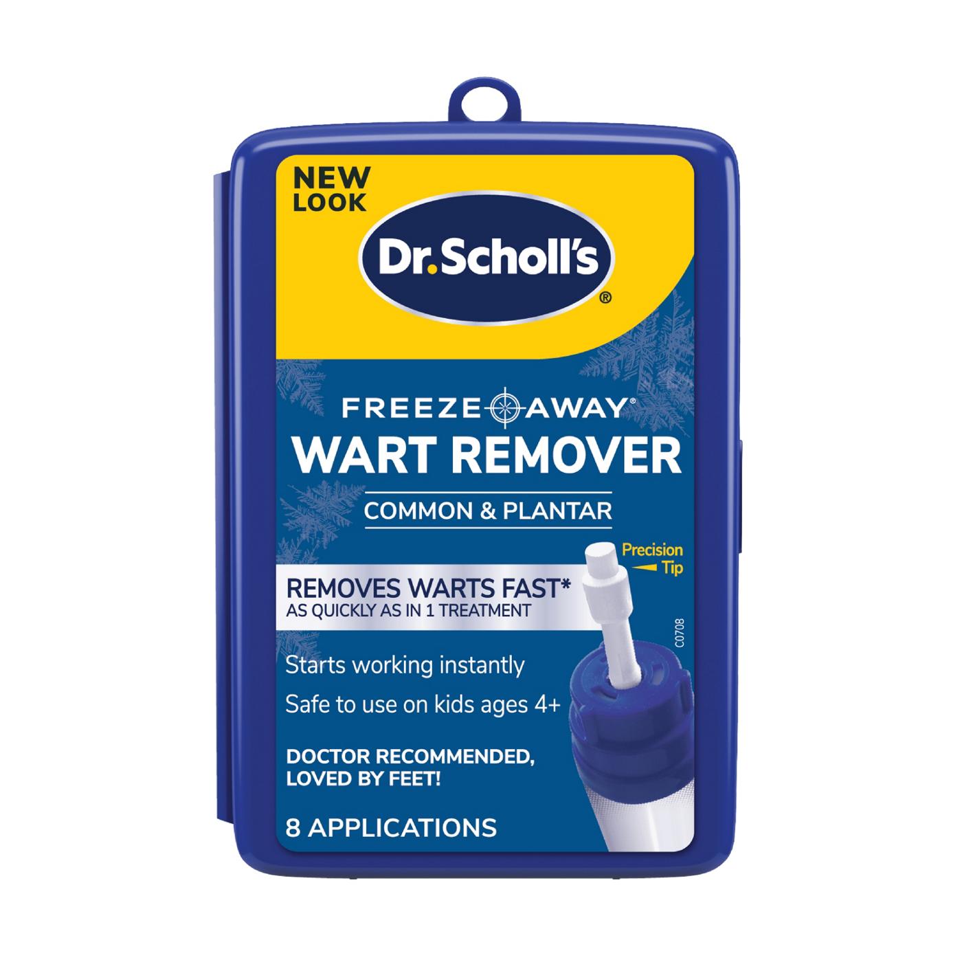 Dr. Scholl's Freeze Away Wart Remover for foot care, showing the treatment product with applicator in a box.