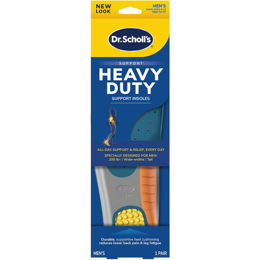 Dr. Scholl's Heavy Duty Support Pain Relief Orthotics for men, sizes 8-14, shown in a pair for foot care and comfort.