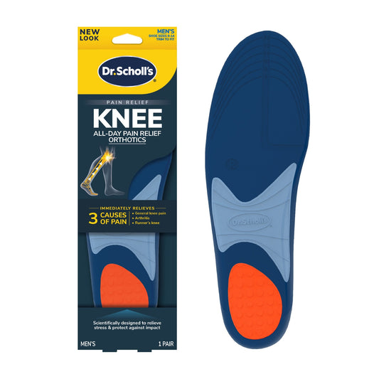 Dr. Scholl's men's knee pain relief orthotics for foot support, size 8-14, designed to reduce knee discomfort and improve stance.