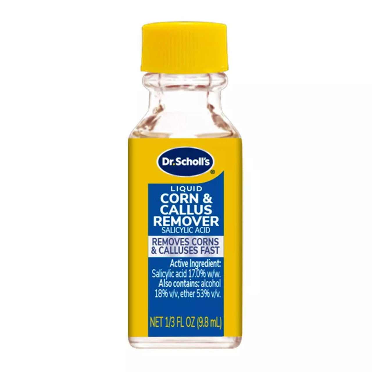 Dr. Scholl's Liquid Corn and Callus Remover with 3 Cushions for effective foot care, shown in a 9.8 mL bottle.
