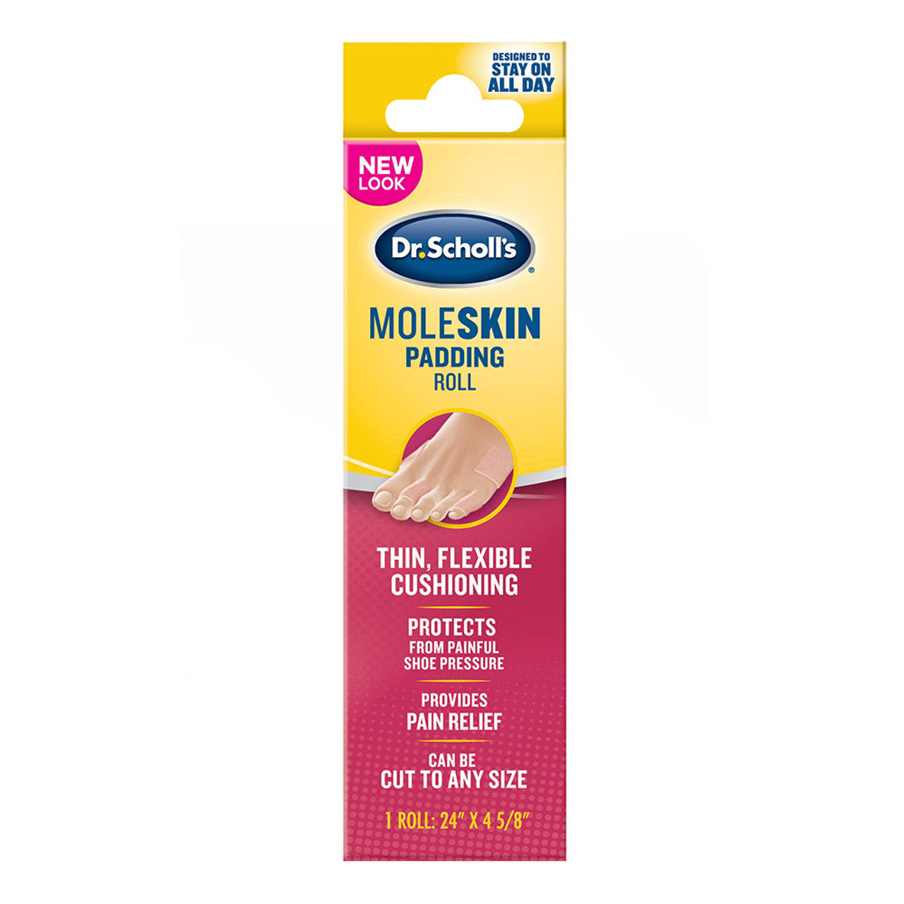 Dr. Scholl's Moleskin Padding Roll for foot care, showing the roll of moleskin padding for blisters and shoe friction protection.
