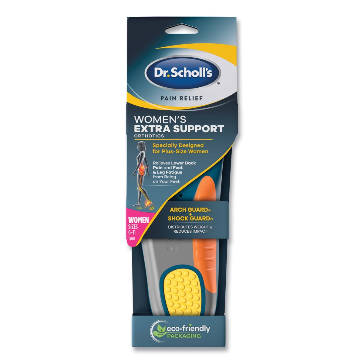 Dr. Scholl's Pain Relief Orthotic Insoles for women, size 6-11, designed for extra support and foot comfort, shown in pair.