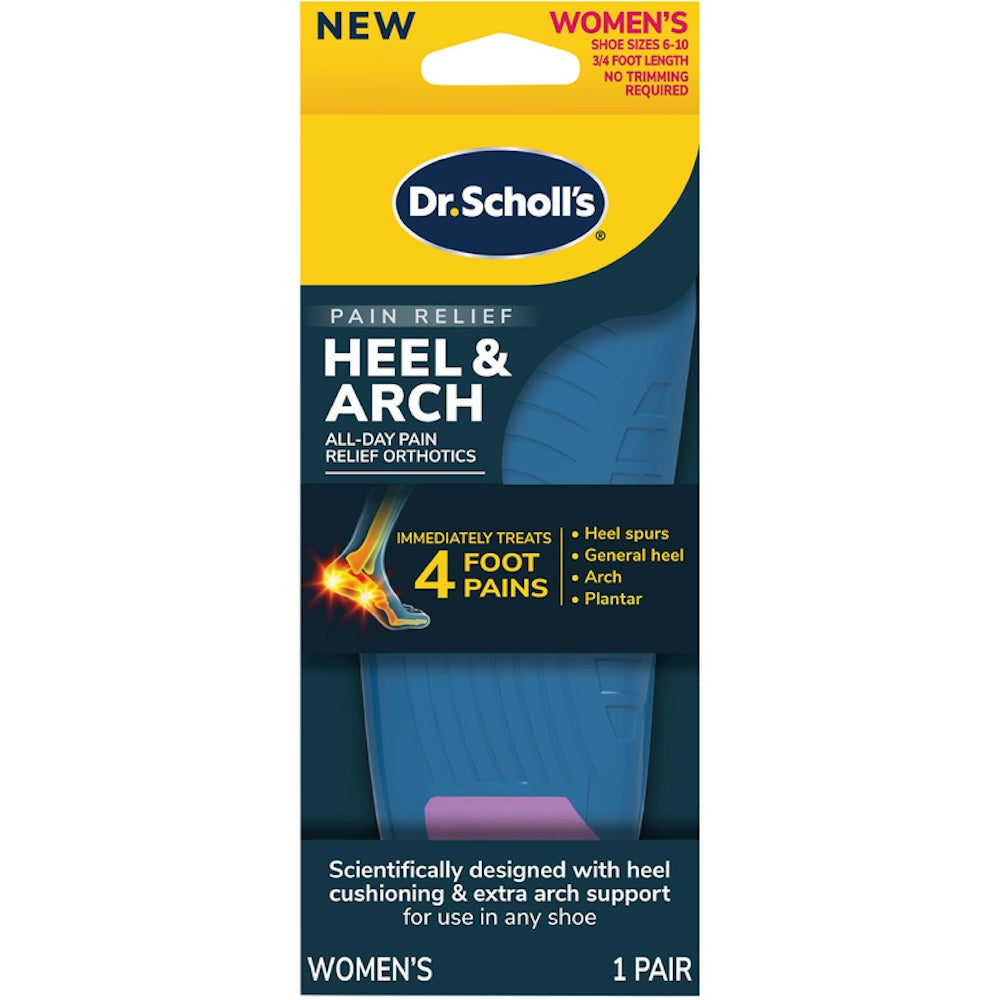 Dr. Scholl's women's heel and arch pain relief orthotics in size 6-10, shown in a box for foot care.