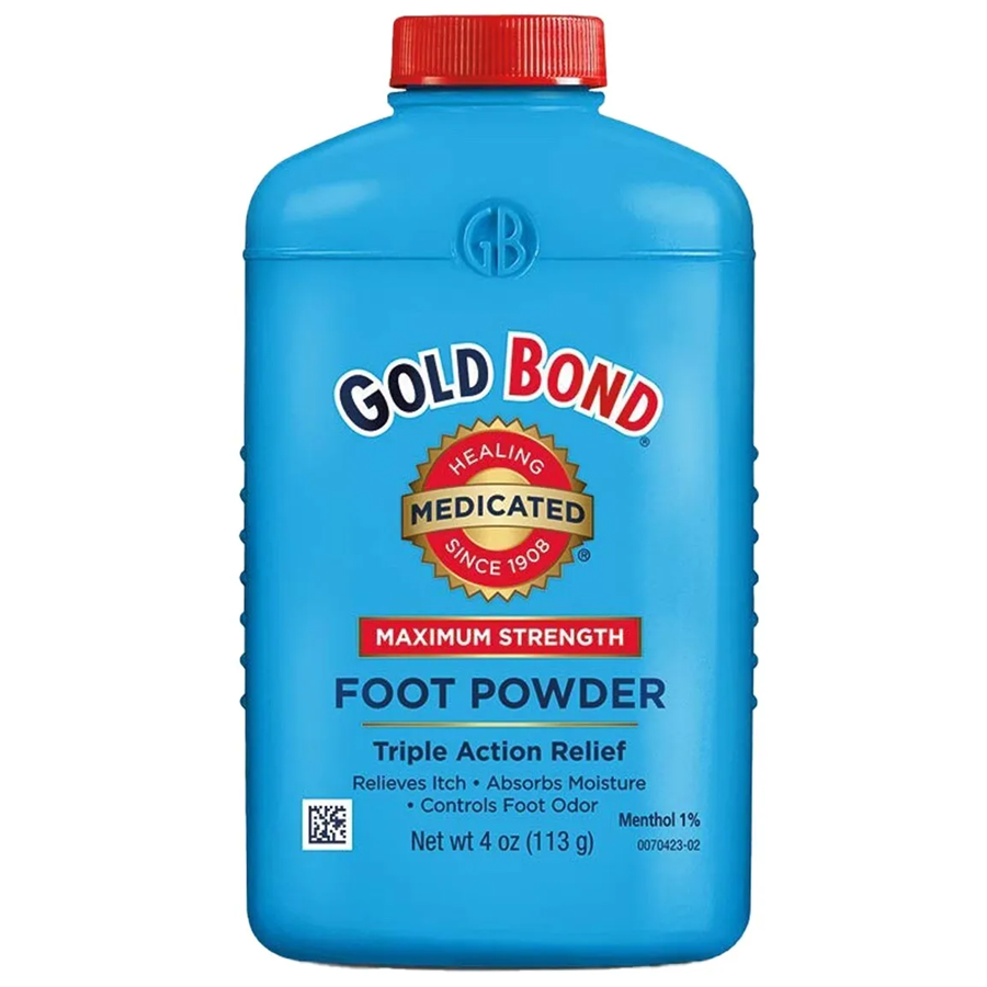 Gold Bond medicated foot powder in a 4-ounce container, designed for maximum strength foot care and odor control.