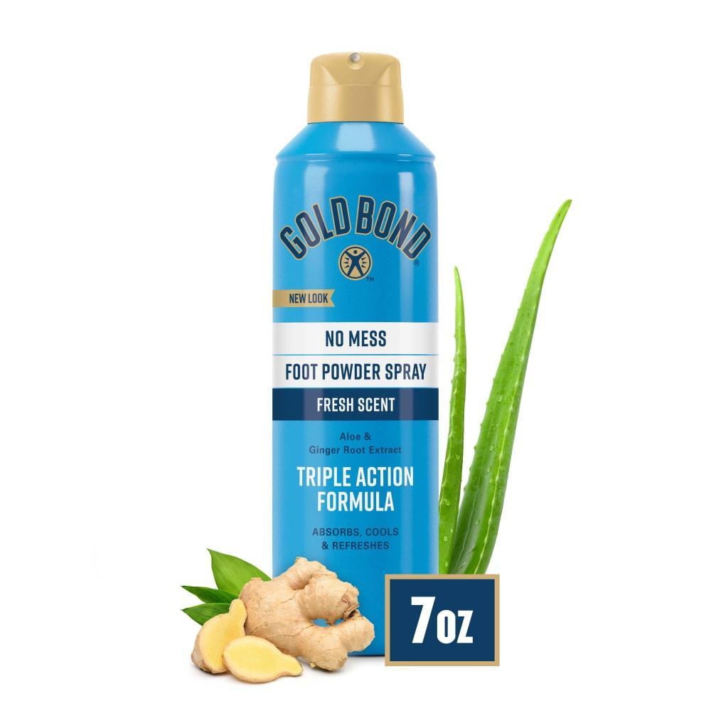 Gold Bond Foot Powder Spray in 7 oz bottle, featuring no-mess design and fresh scent for effective foot care.