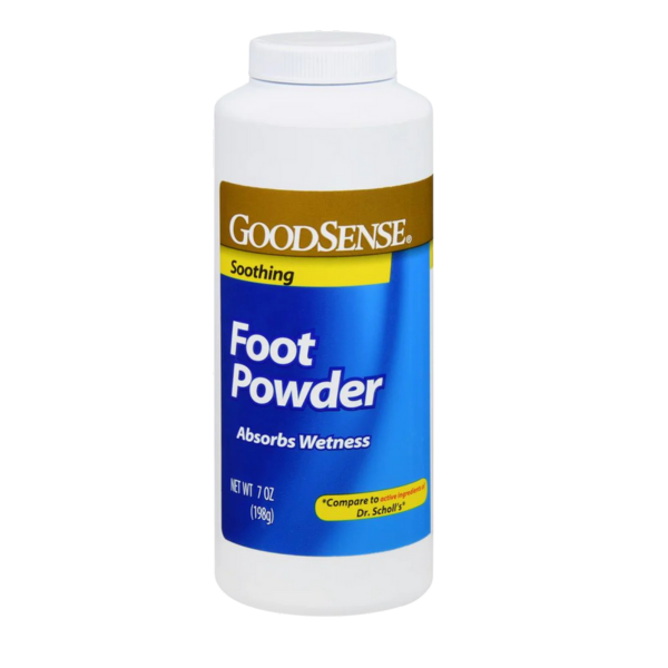 GoodSense Foot Powder in a 7 oz container, designed for foot care to keep feet dry and comfortable.