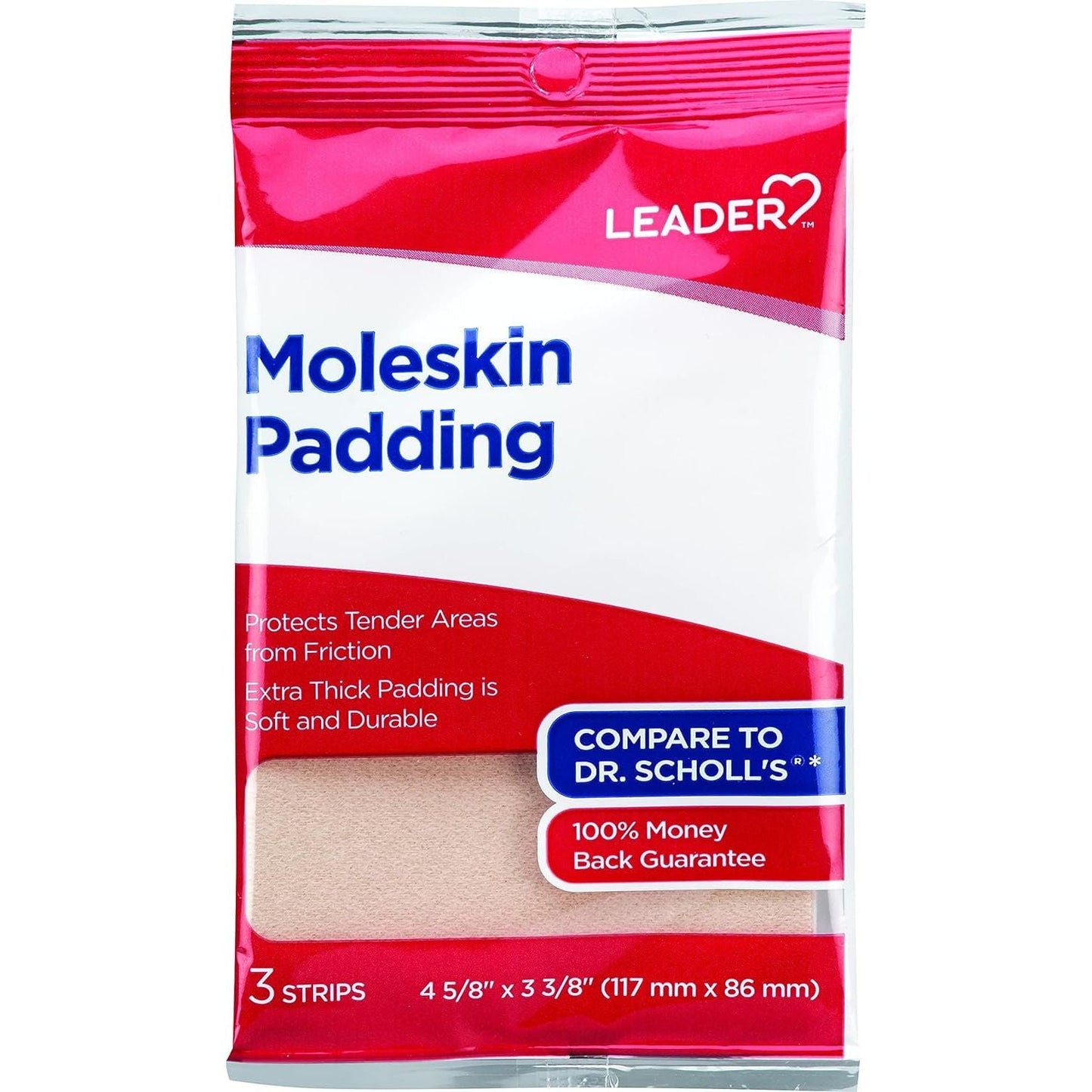 Leader Moleskin Padding Sheets for blister prevention and foot pain relief, three soft, adhesive foot care sheets by Pasteur Pharmacy.