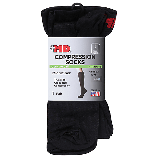Unisex black microfiber over-the-calf compression socks for foot care, displayed flat with elastic top and reinforced toe area.