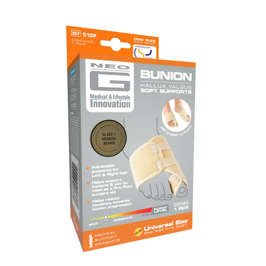 Neo G Bunion soft support for left foot, orthopedic foot care device, designed to alleviate hallux valgus discomfort.