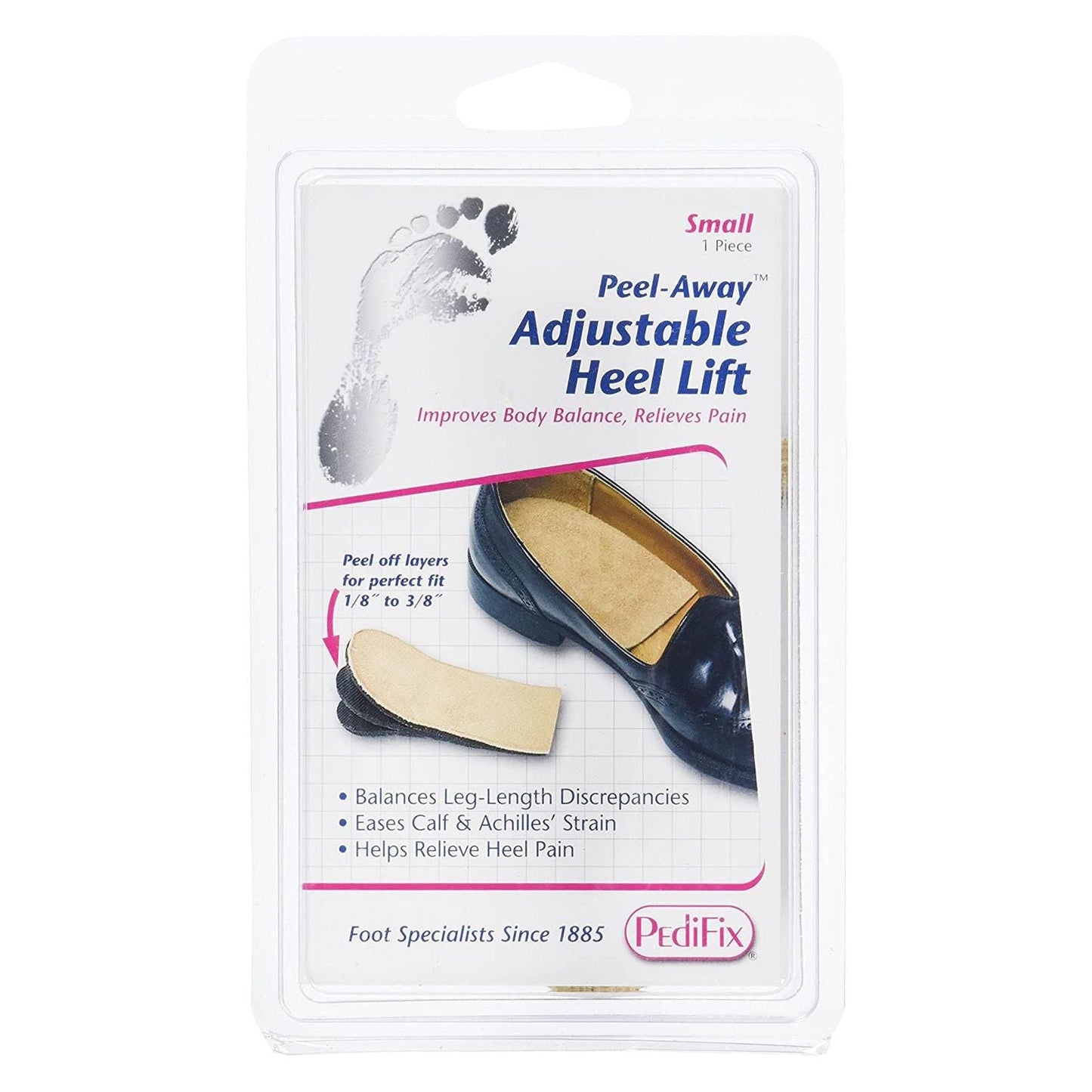 Small PediFix Adjust-a-heel lift for women size 4-7, foot care product by Pasteur Pharmacy, showing the heel lift in a close-up image.