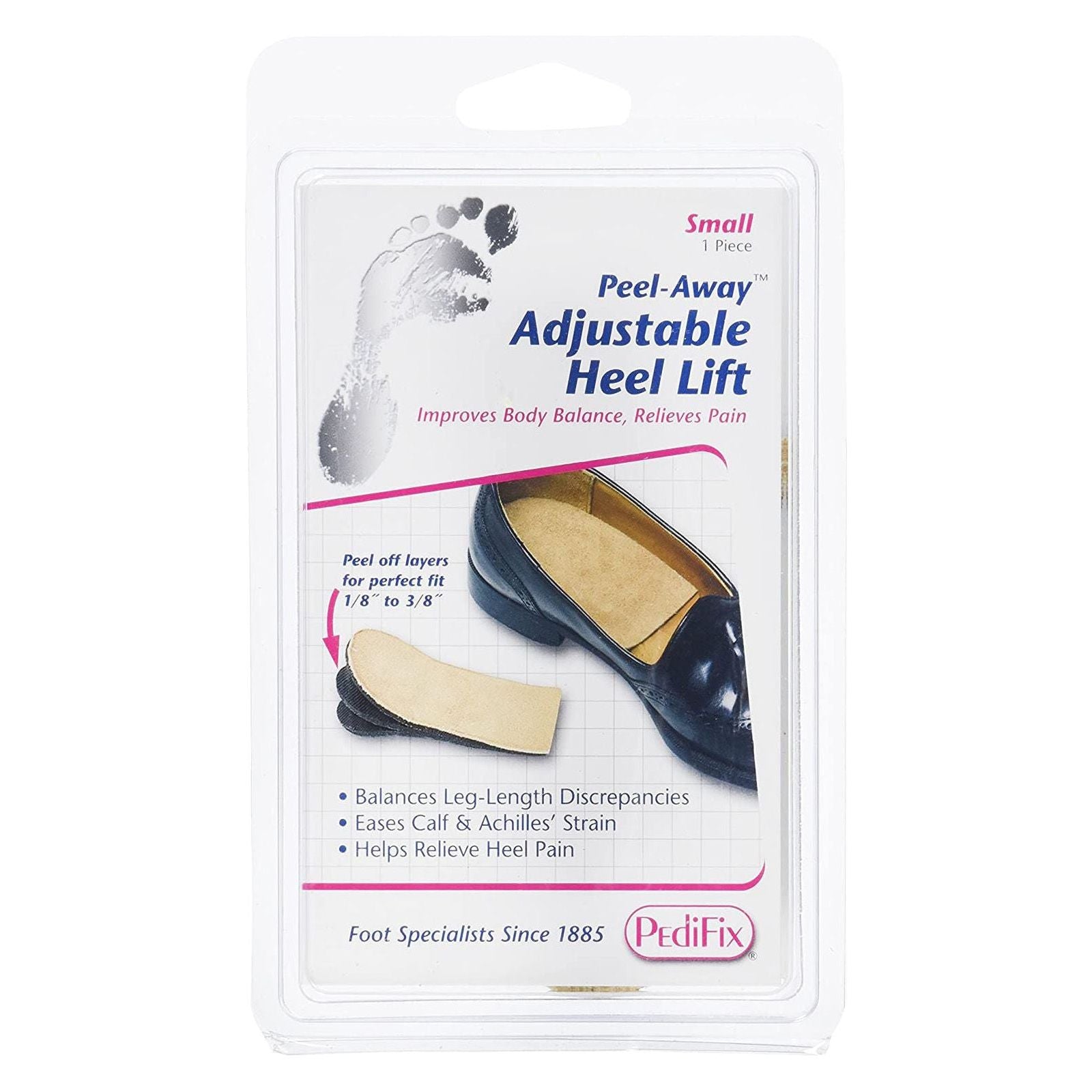 Small PediFix Adjust-a-heel lift for women size 4-7, foot care product by Pasteur Pharmacy, showing the heel lift in a close-up image.