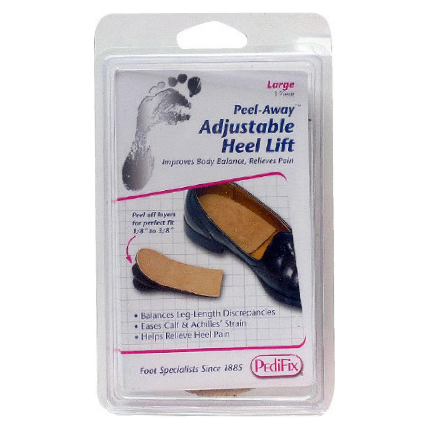 Large PediFix Peel Away Adjustable Heel Lift for foot care, shown in a natural close-up image with the product's packaging.