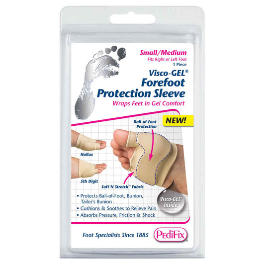 Small/medium PediFix Visco-Gel forefoot protection sleeve for foot care, providing cushioning and relief for forefoot discomfort.