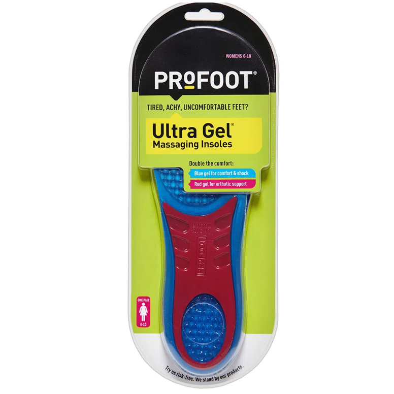 Profoot Ultra Gel Insoles for women, size 6-10, designed for foot comfort and support, shown in a single pair image.