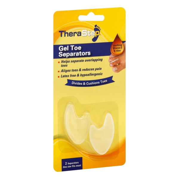 TheraStep Silipos Gel Toe Separators in a 2-pack, designed for foot care and toe alignment, by Pasteur Pharmacy.