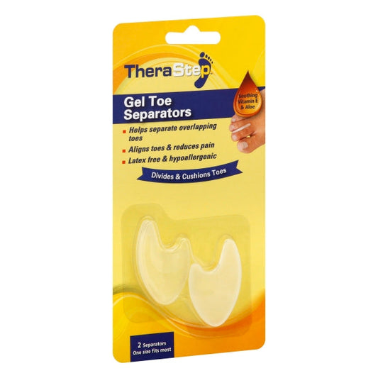 TheraStep Silipos Gel Toe Separators in a 2-pack, designed for foot care and toe alignment, by Pasteur Pharmacy.