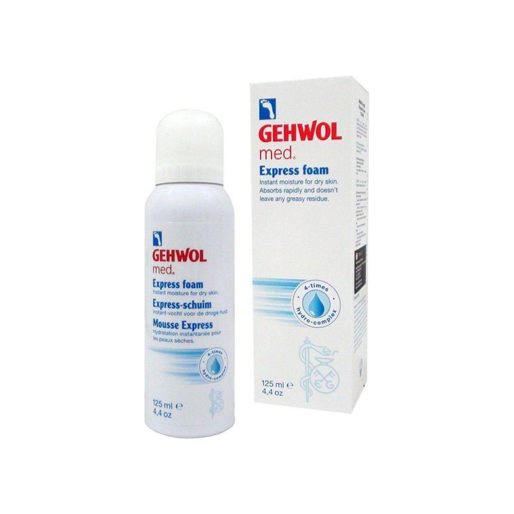 Gehwol Med Express Foot Care Foam in 4.4 oz bottle, natural foot treatment foam by Pasteur Pharmacy, visible in the image.