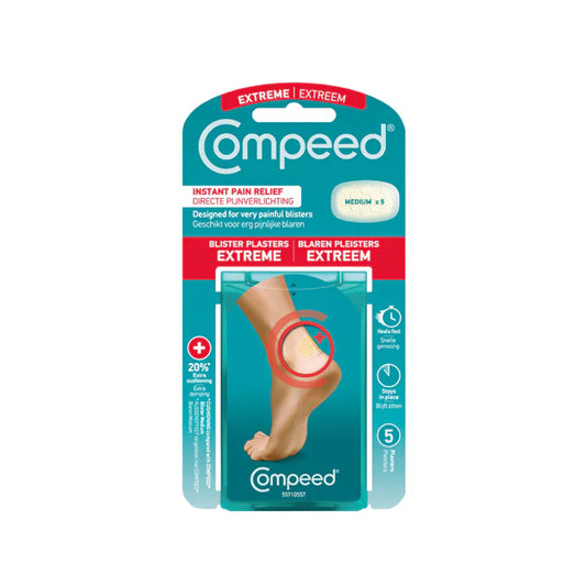 Medium Compeed Extreme Blister Plasters by Pasteur Pharmacy for foot care, shown in a 5-count package.