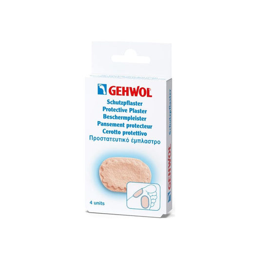 Gehwol Protective Plaster Oval, foot care product by Pasteur Pharmacy, with four adhesive dressings for foot protection.