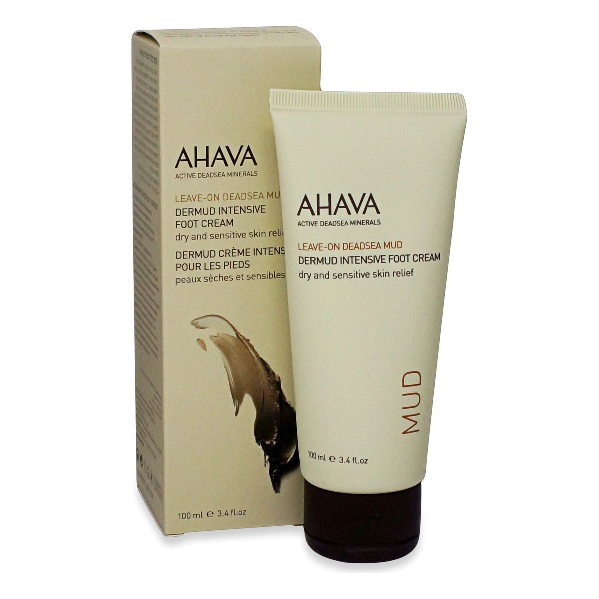Ahava Dead Sea Mud Dermud Intensive Foot Cream in 3.4 oz tube, with moisturizing and revitalizing formula for dry, tired feet.