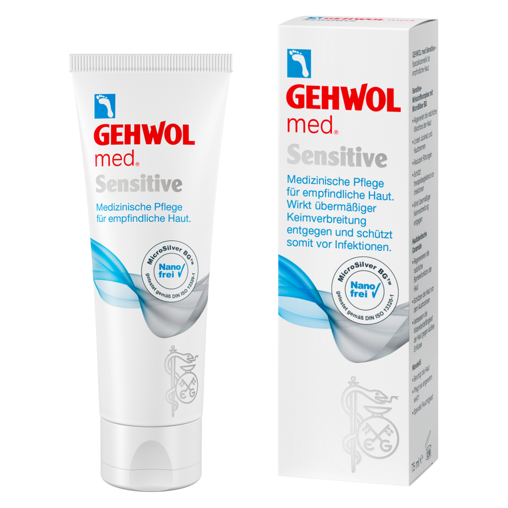 Gehwol Med Sensitive foot cream in 75ml tube, soothing formula for sensitive skin, designed for healthy, moisturized feet.