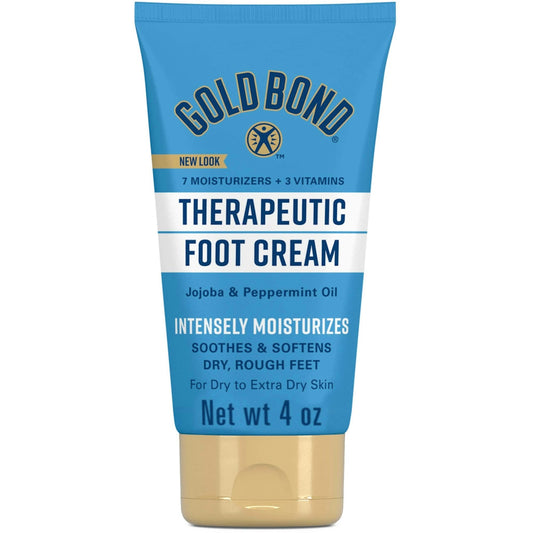 Gold Bond Triple Action Relief Therapeutic Foot Cream in a 4 oz tube, designed to soothe and hydrate tired, dry feet.
