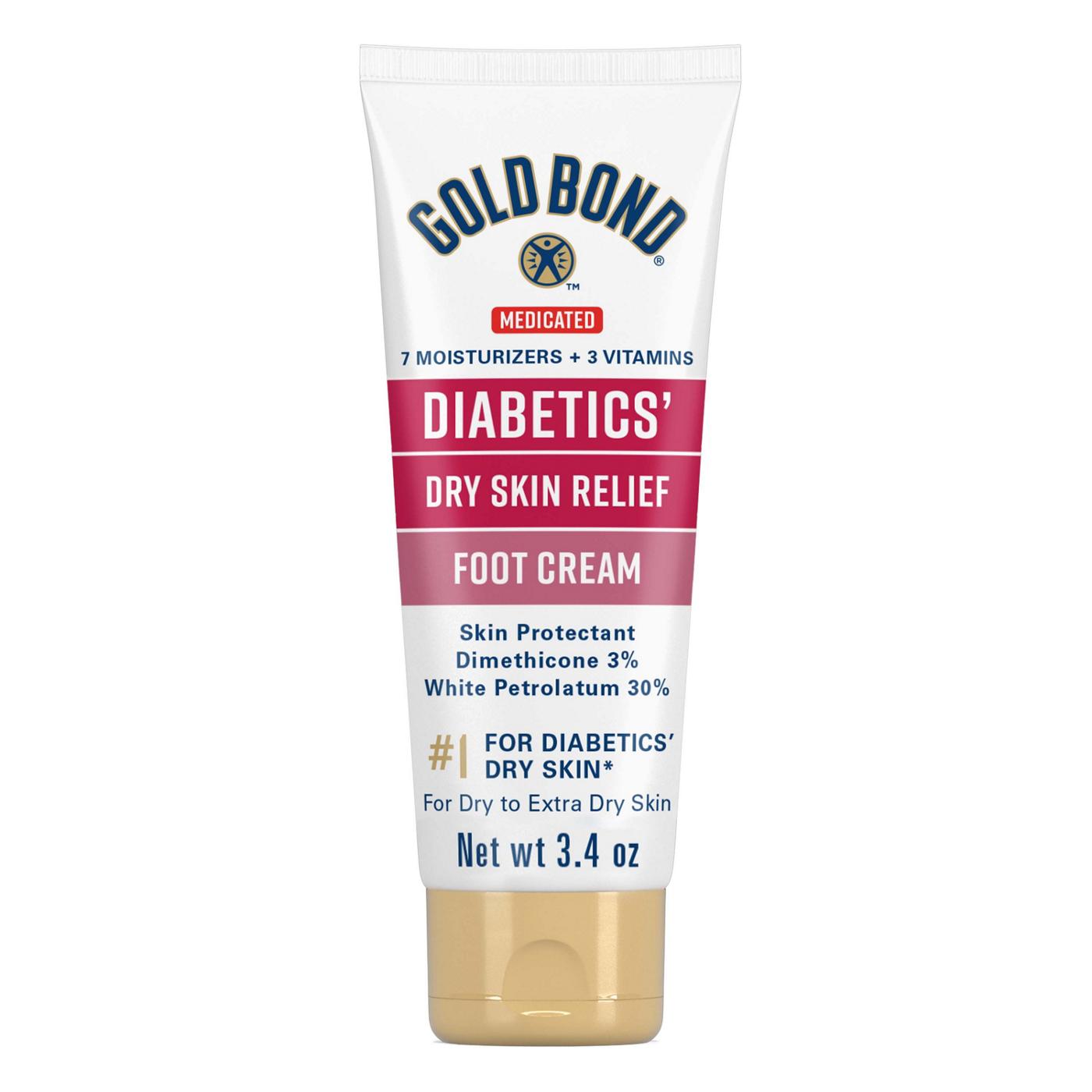 Gold Bond Ultimate Diabetic Dry Skin Relief Foot Cream in 3.4 oz tube, moisturizing foot cream for dry, sensitive skin.
